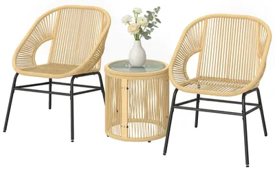 Produktbild von 3-teiliges Bistro-Set aus Rattan und Stahl mit 2 Stš¹hlen, rundem Tisch mit geh?rteter Glasplatte, Beige