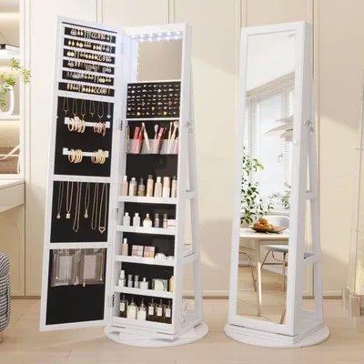 Produktbild von UNIQ Schmuckschrank mit Spiegel - Drehbarer Schmuck-Organizer aus Holz mit LED-Beleuchtung und Türen, 120 x 55 cm