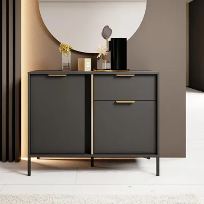 Produktbild von Kommode Sideboard VALDI 103 cm Anthrazit Gold Metallfüße 2D1S