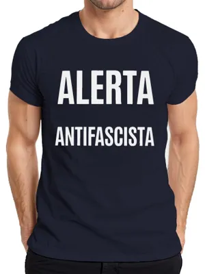 Zdjęcie produktu dla Alerta Antifascista – koszulka męska z nadrukiem protestacyjnym, motywem aktywistycznym i polityką lewicową, styl retro, kolor granatowy, rozmiar XL