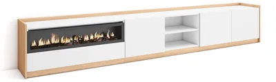 Produktbild von TV-Schrank, Lowboard, 310x37x50cm, Für TV-Geräte bis zu 80", Elektrokamin., Weiß und Eiche Soft