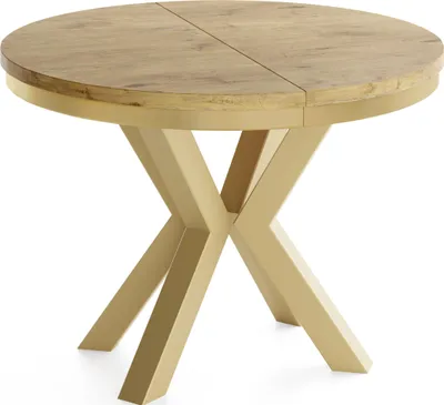 Produktbild von Runder Ausziehbarer Esstisch im Loft-Stil - Industrieller Tisch mit Goldenen Metallbeinen - Platzsparender Tisch für Wohnzimmer - Lancelot Eiche - 100 bis 180 cm