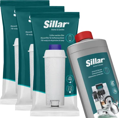 Obrázek produktu pro Sada pro údržbu kávovarů Sillar – 3 vodní filtry + 1 l odstraňovače vodního kamene, kompatibilní s DeLonghi