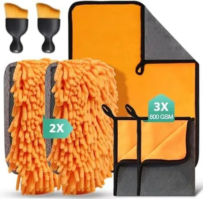 Produktbild von 7 Stück Autopflege Set mit 3 Stück Mikrofasertücher Auto,2Pcs Mikrofaser Waschhandschuh &2er Auto Innenreinigung Weiche Bürsten,600GSM Trockentuch für Haushalts Autowäsche Trocknen