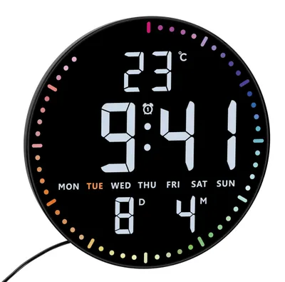 LED-Wanduhr 25,5 cm, digital, Temperatur, Datum, Wecker, 3 Helligkeitsstufen