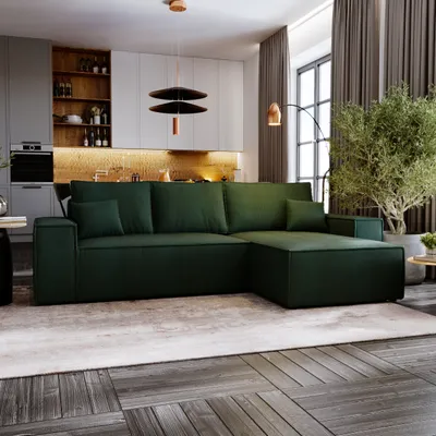 Produktbild von Ecksofa MOSEN L-form 279x181 cm mit Bettkasten und Schlaffunktion, rechte Seite - Poso 14 / Flaschengrün