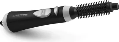 A black and silver hair styling tool with a rotating brush attachment, shown against a white background.