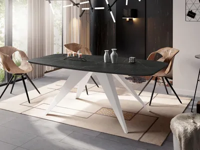 Obrázek produktu pro Rozkládací jídelní stůl v loftovém stylu - Industriální stůl ve vzhledu černého mramoru s bílými kovovými nohami - Moderní design do obývacího pokoje - 160 cm Rozkládací až na 200 cm - Černý mramor