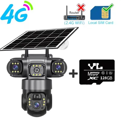 Zdjęcie produktu dla Kamera monitoringu zasilana energią słoneczną - Kamera IP do użytku zewnętrznego - 4G - Karta TF 128 GB - Obiektyw potrójny 15 MP - Odporna na warunki atmosferyczne (IP66) - Kolorowa nocna obserwacja
