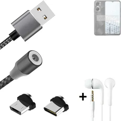 Produktbild von K-S-Trade® Hochwertiges Magnet-Lade-kabel Sync-Kabel Daten-Kabel + Kopfhörer für Tecno Pop 6 Pro mit USB-Typ-C-Anschluss und Micro-USB-Anschluss 2A