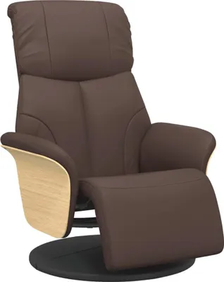 A brown faux leather recliner chair with a wooden accent and a matching ottoman, presented on a white background.