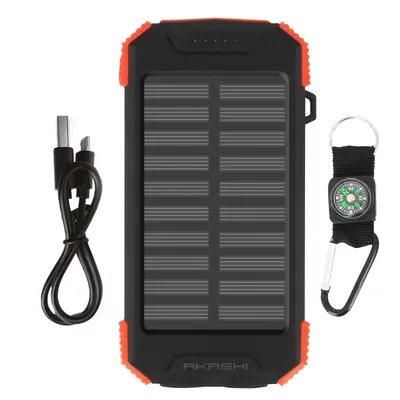 A solar power bank with accessories on a white background.