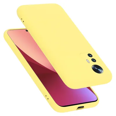 A yellow phone case is shown from a diagonal angle, with the phone screen visible underneath.