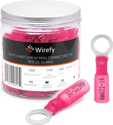 Produktbild von Wirefy Rote Ringkabelschuhe Schrumpfverbinder M6 - Lötfreie Kabelschuhe Sortiment - Ringkabelschuh Quetschverbinder 0,5-1,5 mm² - 150 Stück
