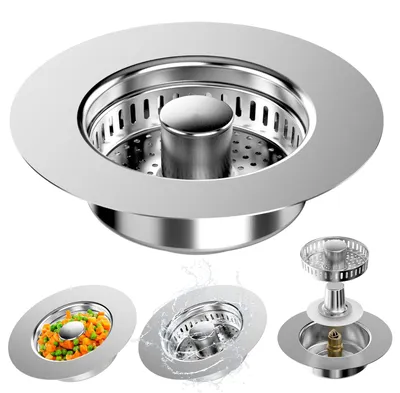 Productafbeelding van Keukenafvoerzeef, afvoerstop met zeefinzet, 3-in-1 pop-up afvoerstop, afvoerstop van roestvrij staal voor de keuken, keukenzeef, afvoerzeef voor spoelbakken met een diameter van 75–87 mm en een diepte van > 37 mm
