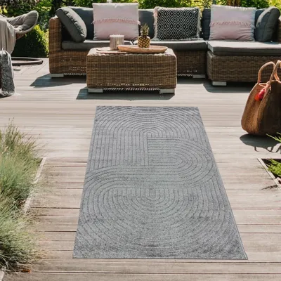 Produktbild von Moderner Outdoor Teppich wetterfest Terrasse Balkon Boho-Style hochwertig pflegeleicht Anthrazit Größe - 80 x 150 cm