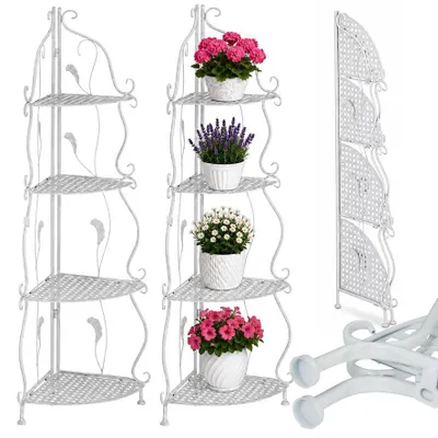 Produktbild von Dekoratives Eckregal aus Metall zum Zusammenklappen für Blumen mit 4 Ablagen, weiß