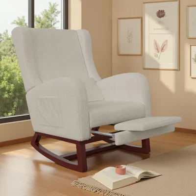 Immagine prodotto di ProximaX Confortevole sedia a dondolo, beige, in lino, con poggiapiedi e tasche laterali: la poltrona lounge perfetta per leggere e rilassarsi a casa