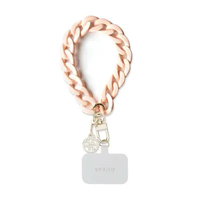 A pink chunky chain wrist strap with a gold charm and a white phone attachment.