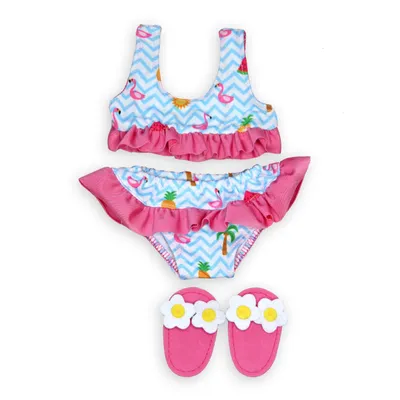 Produktbild von Heless Puppenbikini Flamingo mit Badeschlappen - rosa Schwimmset für Puppen 35-45cm