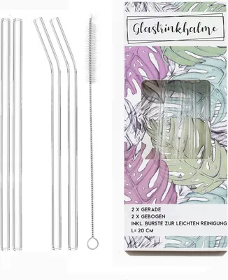 Produktbild von BURI Glas-Trinkhalme 20cm mit Reinigungsbürste 5-tlg Mehrweg Trinkröhrchen Strohhalm
