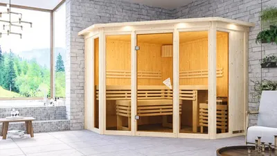 Produktbild von Elementsauna Karibu Armira 2 ohne Ofen mit Dachkranz und Ganzglasfensterfront