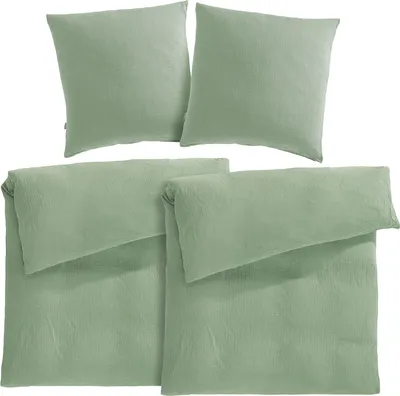 Produktbild von Pure Label Musselin Bettwäsche 135x200 4 teilig bestehend aus Bettbezug 135 x 200 cm 2er Set + Kissenbezug 80x80 cm 2er Set aus Baumwolle in grün