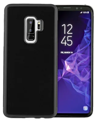 A black phone case is shown next to a Samsung Galaxy S9 Plus phone.