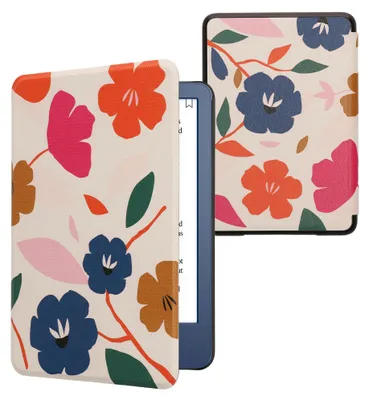 Produktbild von kwmobile Schutzhülle für Amazon Kindle (2022/2024) Hülle - eReader Flip Case mit Auto Sleep Funktion - Blumen Farbenfroh mit Pink Dunkelblau Creme