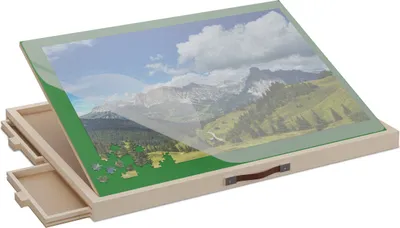 Zdjęcie produktu dla Relaxdays – stolik do układania puzzli z 4 szufladami, do puzzli o liczbie elementów do 1000, z regulacją nachylenia, drewniana podkładka do puzzli, blat do układania puzzli, kolor naturalny/zielony