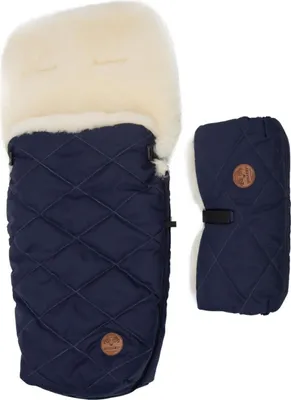 Produktbild von Kinderwagen Fußsack & Handwärmer Set aus Merino Lammfell Blau -