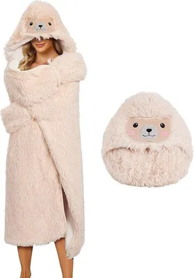 Produktbild von Unyqoos® Kuscheliger Oversize-Hoodie als Kapuzen-Decke – Plüsch-Pulloverdecke, One Size, 100% Polyester, lange Ärmel, Knopf, Tiermotiv (Faultier/Koala/Alpaka/Panda)