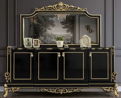 Produktbild von Casa Padrino Luxus Barock Möbel Set Schwarz / Gold - 1 Sideboard mit 4 Türen & 1 Spiegel - Edle Barock Möbel - Edel & Prunkvoll