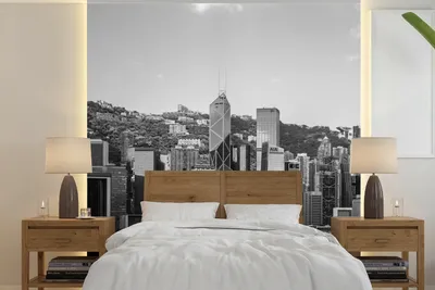 Produktbild von MuchoWow® Fototapete für Wohnzimmer oder Schlafzimmer Wandtapete Vinyl Motivtapete Hongkong - Skyline - Schwarz - Weiß - 260x260 cm - Papiertapeten