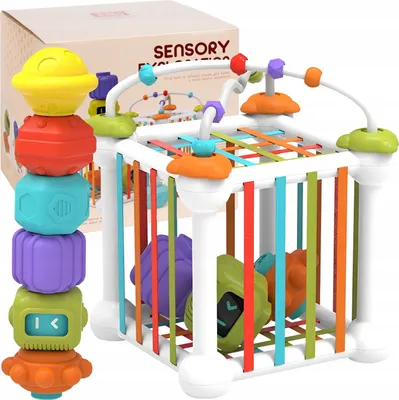Zdjęcie produktu dla Sorter Klocków Elastyczna Kostka Sensoryczna Domek Gumki Kształty Kolory