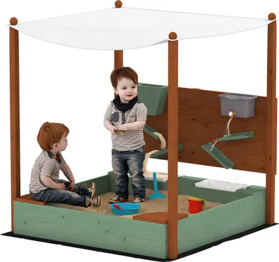 Obrázok produktu pre AIYAPLAY Pieskovisko so slnečnou strieškou, drevené pieskovisko 116 x 112,5 cm Pieskovisko so sedadlom, flísovou podlahou, 2 nádobami, hračkami na piesok a vodu, vedierkom s kohútikom pre deti od 3 do 6 rokov Zelená