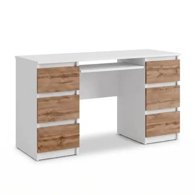 Produktbild von Cuba – Schreibtisch Mit 6 Schubladen Und Tastaturauszug 130 Cm – Weiss Matt / Wotan Eiche