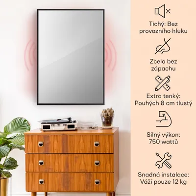 Obrázek produktu pro Klarstein Infračervený ohřívač, zrcadlový infrazářič, infrazářič s termostatem, ohřívač s detekcí otevřených oken a ovládáním přes aplikaci, ohřívač bez tvorby CO2, infrazářiče IP24, 750 W