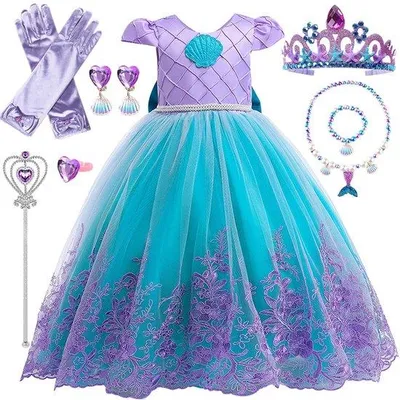 Produktbild von Prinzessin Kleid & Meerjungfrau Kostüm für Mädchen – Karneval & Halloween Set mit Krone, Zauberstab & Schmuck – Partykleid 3-10 Jahre