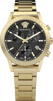 A close-up studio shot of a gold Versace chronograph watch with a black dial.
