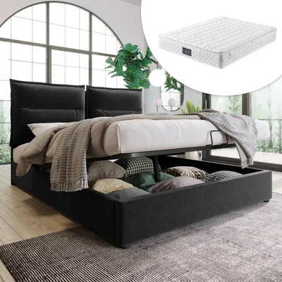 Produktbild von Flieks Hydraulisches Polsterbett mit Matratze 140x200cm Boxspringbett mit Bettkasten, Stauraum. Lattenrost, Samt, Schwarz