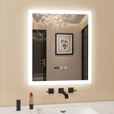Image de Miroir de salle de bain Puluomis avec éclairage anti-buée 60x50, avec horloge et température Miroir de salle de bain LED 6500k à intensité variable