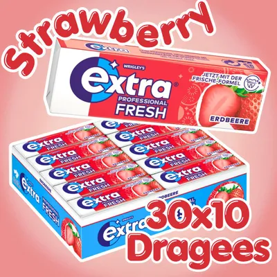 Produktbild von Wrigley's Extra Professional Fresh Erdbeer Kaugummi 30 x 10 Dragees – Zuckerfreier Kaugummi mit Erdbeergeschmack + Heartforcards Versandschutz