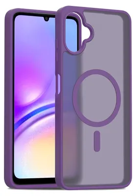 A purple phone case with a translucent matte back and a magnetic ring is shown next to a smartphone.