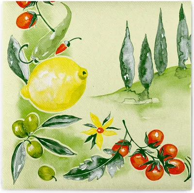 Produktbild von Airlaid Serviette Francesco, 40 x 40 cm, 50 Stück - Mank - Mediterran Tomaten Zitronen Oliven