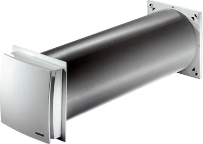 A silver cylindrical ventilation duct with a square vent cover at one end and a square mounting flange at the other, set against a white background.