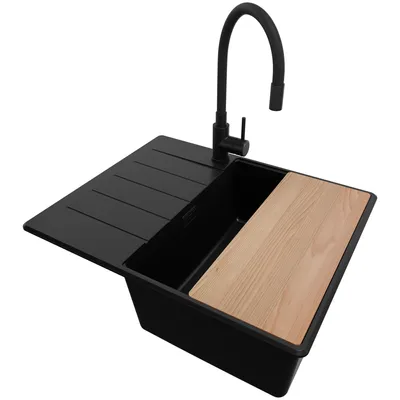 Produktbild von PRIMAGRAN Granitspüle Alles Schwarz 62x50cm, Spülbecken 1 Becken + Ablauf-Set + Küchenzubehörset, Küchenspüle ab 45er Unterschrank - Kopenhagen