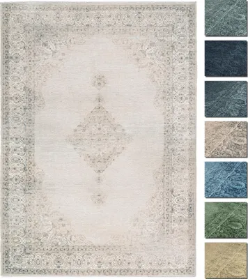 A rug with a vintage pattern, displayed with several color swatches on the side.