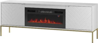 Produktbild von TV-Schrank BRIZZI 02 180 cm Weiß mit Kamin mit Gold Metallrahmen RTV-Lowboard mit zwei Drehtüren Wohnzimmer