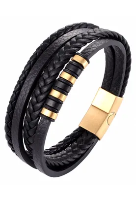 Produktbild von Armband Herren Leder Edelstahl Magnetverschluss Schwarz Gold